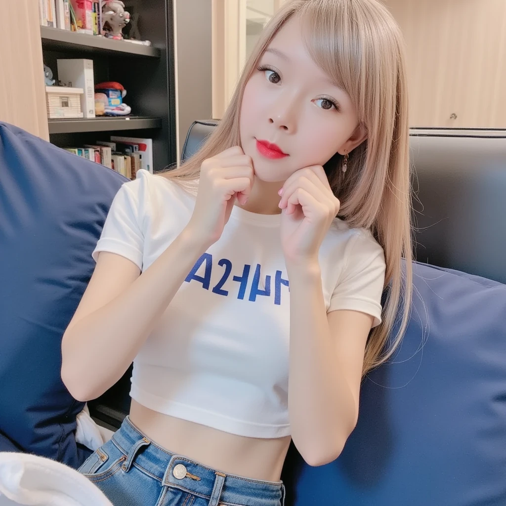 Browsing Caution、throw、Photorealistic perfect body、super high quality、Ultra HD、Japanese、15 years old、(lolita girl:1.5)、、(White T-shirt:1.3)、(Denim mini skirt:1.2)、、、(smile:1.2)、(blonde:1.1)、、(Gal-style dense shadow eyeliner:1.2)、(Long False Eyelashes:1.2)、Gal-style makeup、 、(White panties:1.1)、Plump thighs、、 Cowboy Shot、Looking into the camera、Sit on a bench、From above