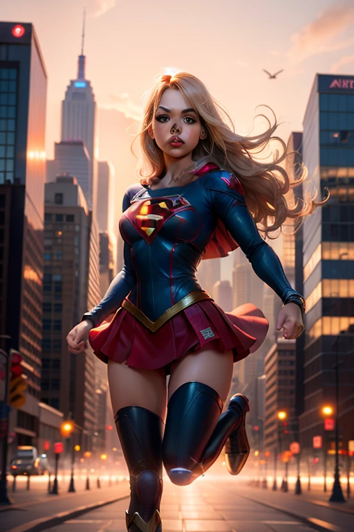 na Cidade de nova york, time square, Mulher bonita cabelo curto corpo definido seios grandes, vestindo cosplay de Supergirl