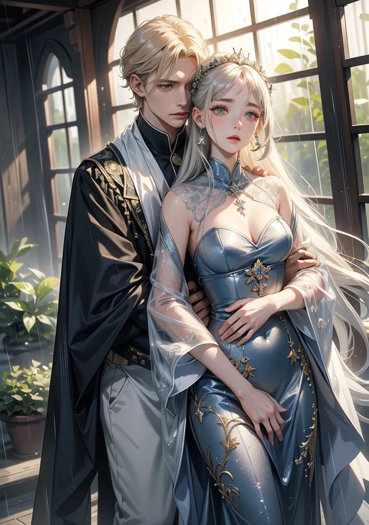 High definition RAW color art, Animation,sculptures, Silver Marble Skin, (((Ultra detailed elegant))), A man, white hair, Magical atmosphere, Detailed skin, Texture,(Intricately detailed, Fine detail, ultra-detail art), depth of field, bokeh, Silky Touch, Hyper Detail, beautiful eyes, elegant face, (neck is binded  by metal chain), 乱れた髪, 錆びた床, sport light, lying, breast, stomach