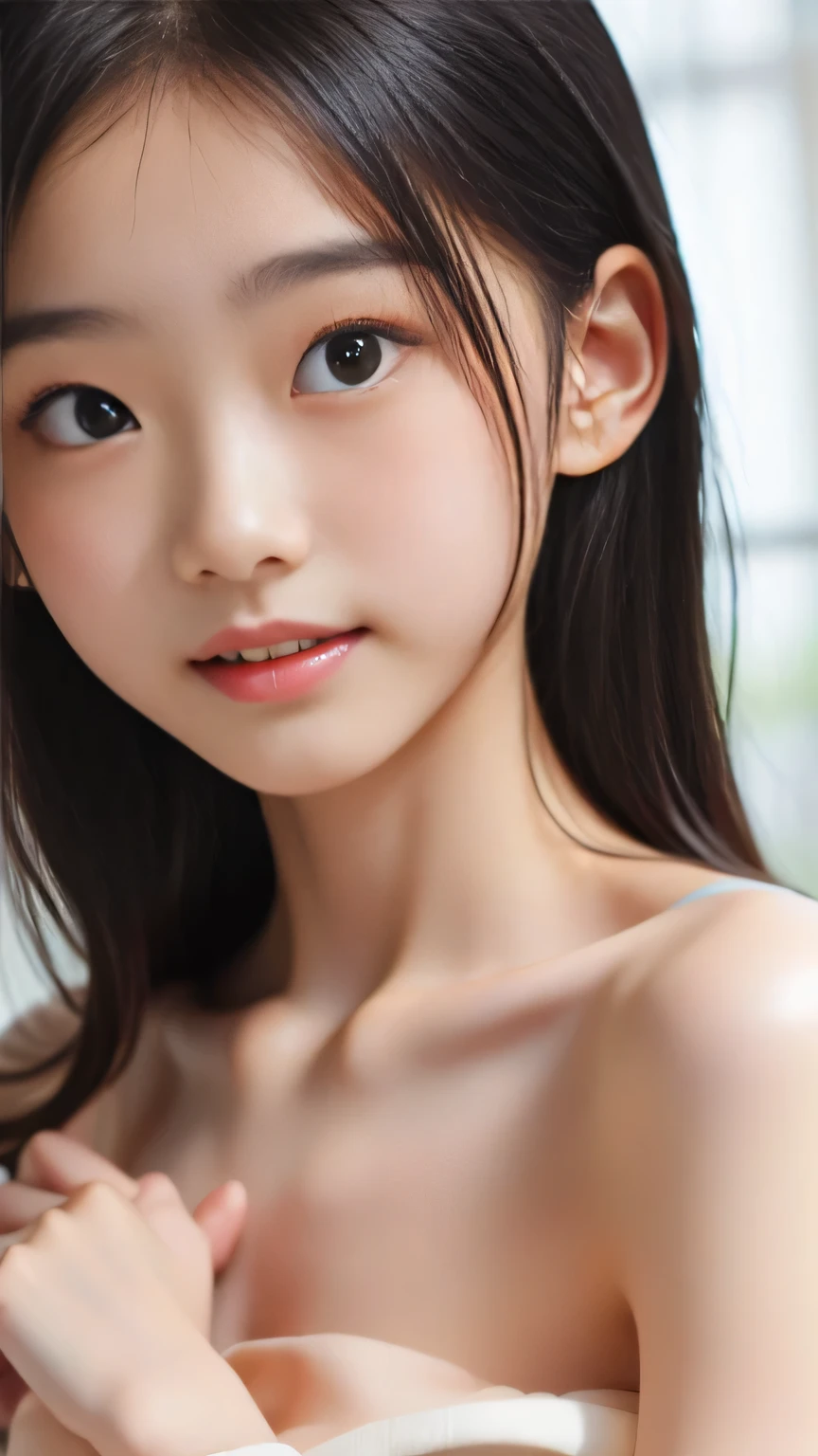 bangs、Beautiful Breasts、 Camisole 、black eyes、looks into the camera、surprised expression、(topless:1.7)