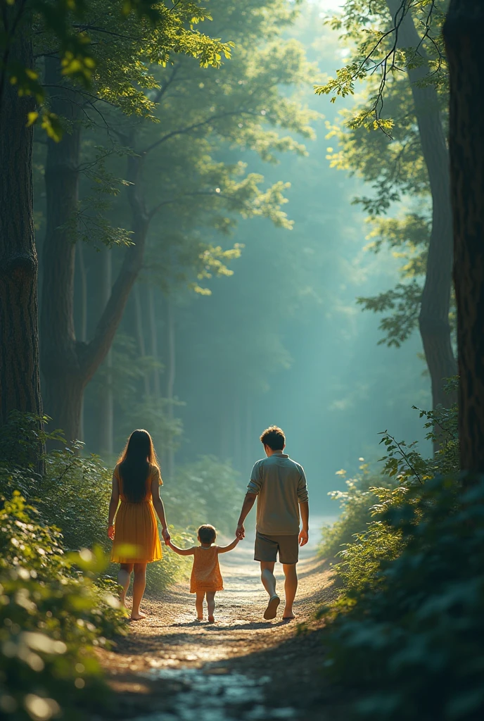 High Resolution, Masterpiece, Accurate, Best Quality, Detail, High Details, High Quality. A 2 Indonesian wife, long dark hair, white skin, height: 155 cm, weight: 45 kg. A 30 year old indonesian husband, short dark hair, white skin, height: 160 cm, weight: 55 kg. A boy with short hair, white skin, height: 95 cm, weight: 13 kg. The image shows a family of three walking through a forest. The family consists of a man, a woman, and a child. The man is on the left side of the image, wearing a green jacket and jeans, and the woman is in the middle. The child is walking ahead of them, holding hands with the man. They are all wearing casual clothes and appear to be enjoying their time together. The background is filled with tall trees and the sunlight is shining through the trees, creating a warm and peaceful atmosphere. The ground is covered in fallen leaves and grass, and there is a stroller visible in the background. The overall mood of the photo is happy and carefree.