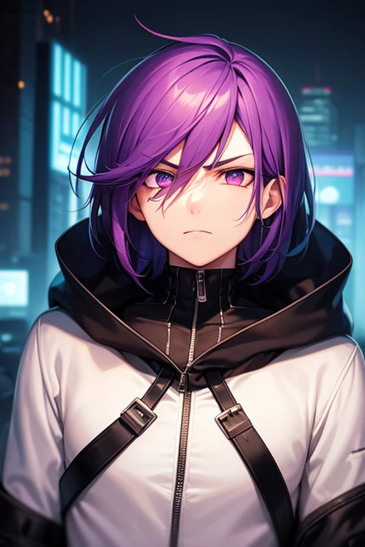 ((highest quality)), ((masterpiece)), ((1 person)),perfect face、male、purple hair color、light blue eyes、very short hair、vocal、pale colour、front、whole body、City of night、simple clothes、shoot a gun