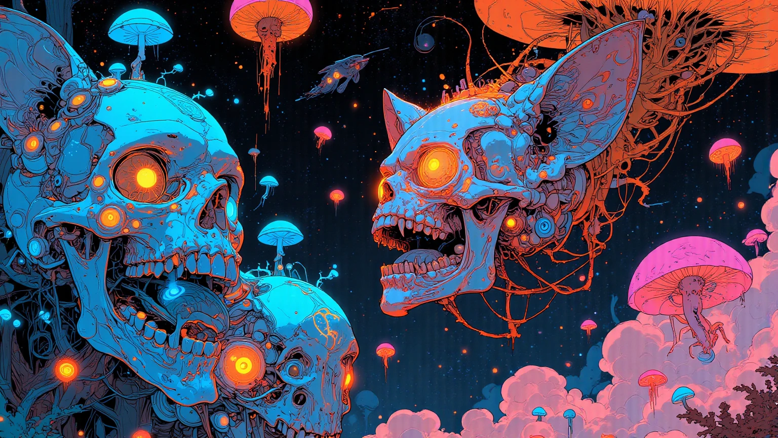(artwork in the style of Dan Mumford:1.5), colorful, digital, dreaminess, fantasy, horror, psychedelic, surreal, vibrant, two girls leaning against each other during summer, smiling, in love, masterpiece, best quality, very aesthetic, absurdres
