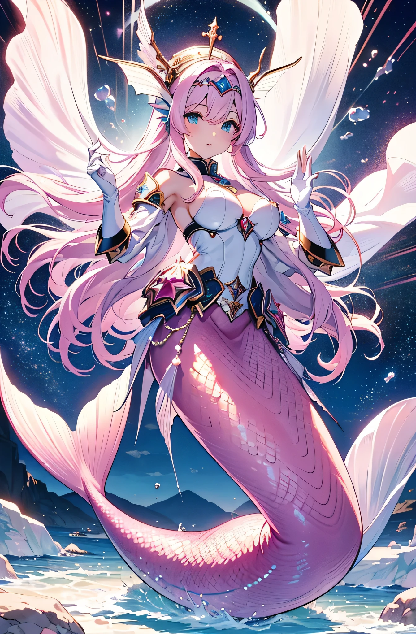 1girl,pink hair, princess of mermaid, open forehead, blue eyes, slim waist, 20 years old, long legs, adult, looking behind his back, night, correct anatomy, best quality, detailed eyes, high-quality hair, 2 eyes, 2 hands, correct leg anatomy, 2 legs, correct hand anatomy, long eyelashes, beautiful lips, lots of details, an adult beauty