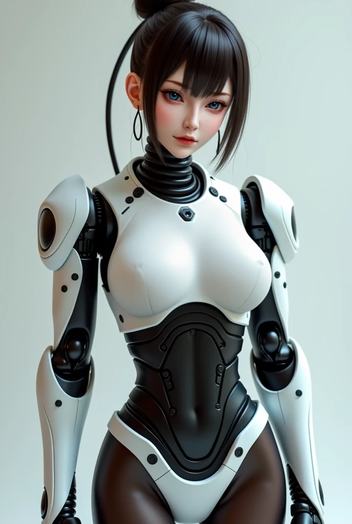 Very cute human 8 year old girl face, doll-like body with robot arm, robot waist and legs, very cute and feminine, short, , small, full hip, medium bust, tight-fitting white armor, cleavage, flat belly visible, helmet with antenna, robot joint, very stylish, Black rubber bodysuit with zipper
