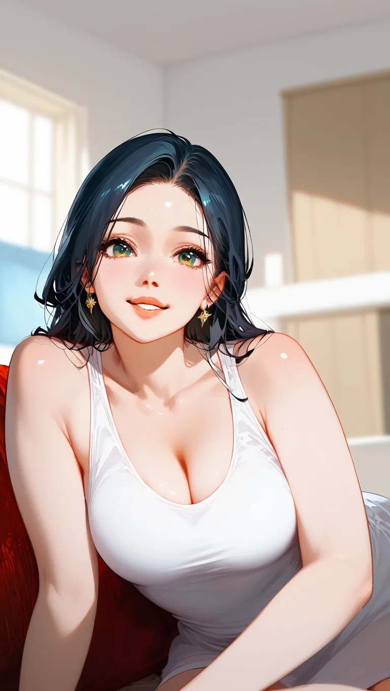 Miss Smith, black hair. large breasts, pale skin. was standing in her kitchen wearing nothing but a black lacy bra and matching panties, her face glowing with childish glee. She winked mischievously and cupping her chest.