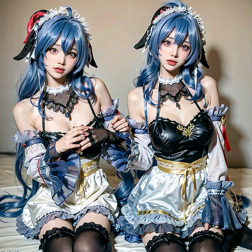 Two girls with blue hair, white blouse with golden bows. Short black skirt, cute