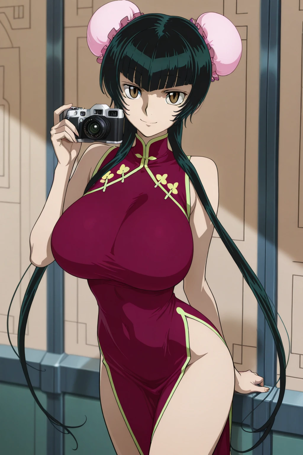 1 girl, long black hair with a ponytail (harry potter), red eyes, beautiful, light skin color , wide shoulders, thin waist, medium breasts, defined thighs, thin, defined lean , showing abs ,wide hips, medium ass, sensual looking from viewer, sensual position, grifinoria, Witch (harry potter), Casting an green spell
