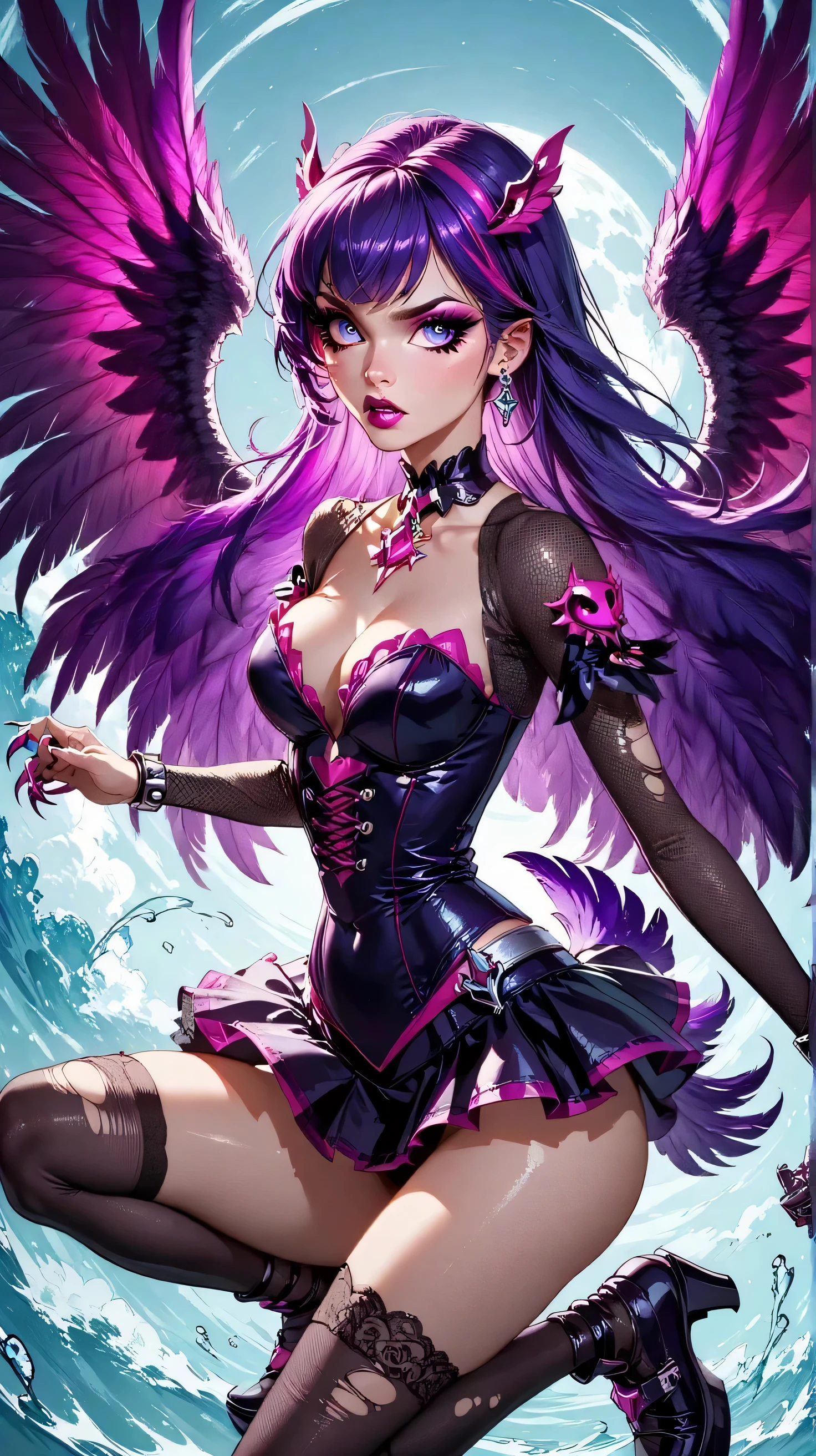 demon angel hybrid girl with a ball of purple flame in her hands