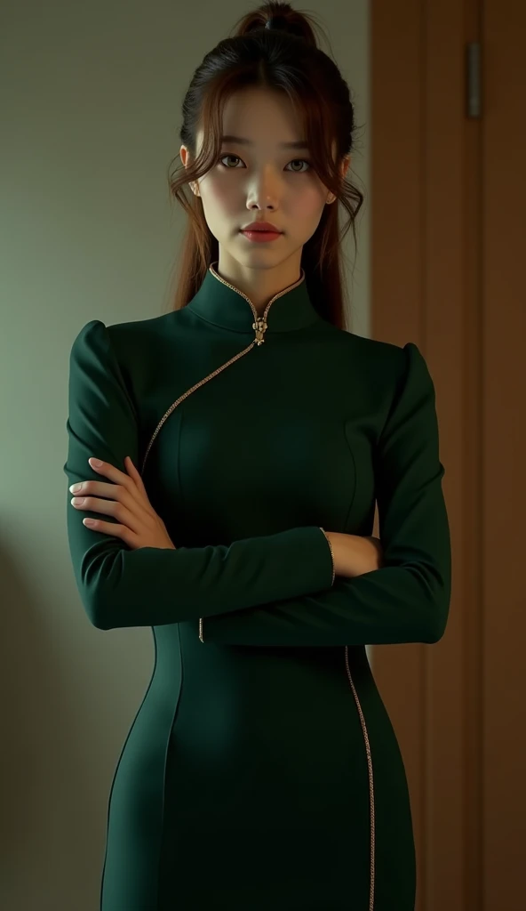 uzumaki kushina from anime naruto, long hair, red hair, green lady, woman, beautiful woman, beautiful, standing, perfect body, full body, looking at the viewer, smiling expression