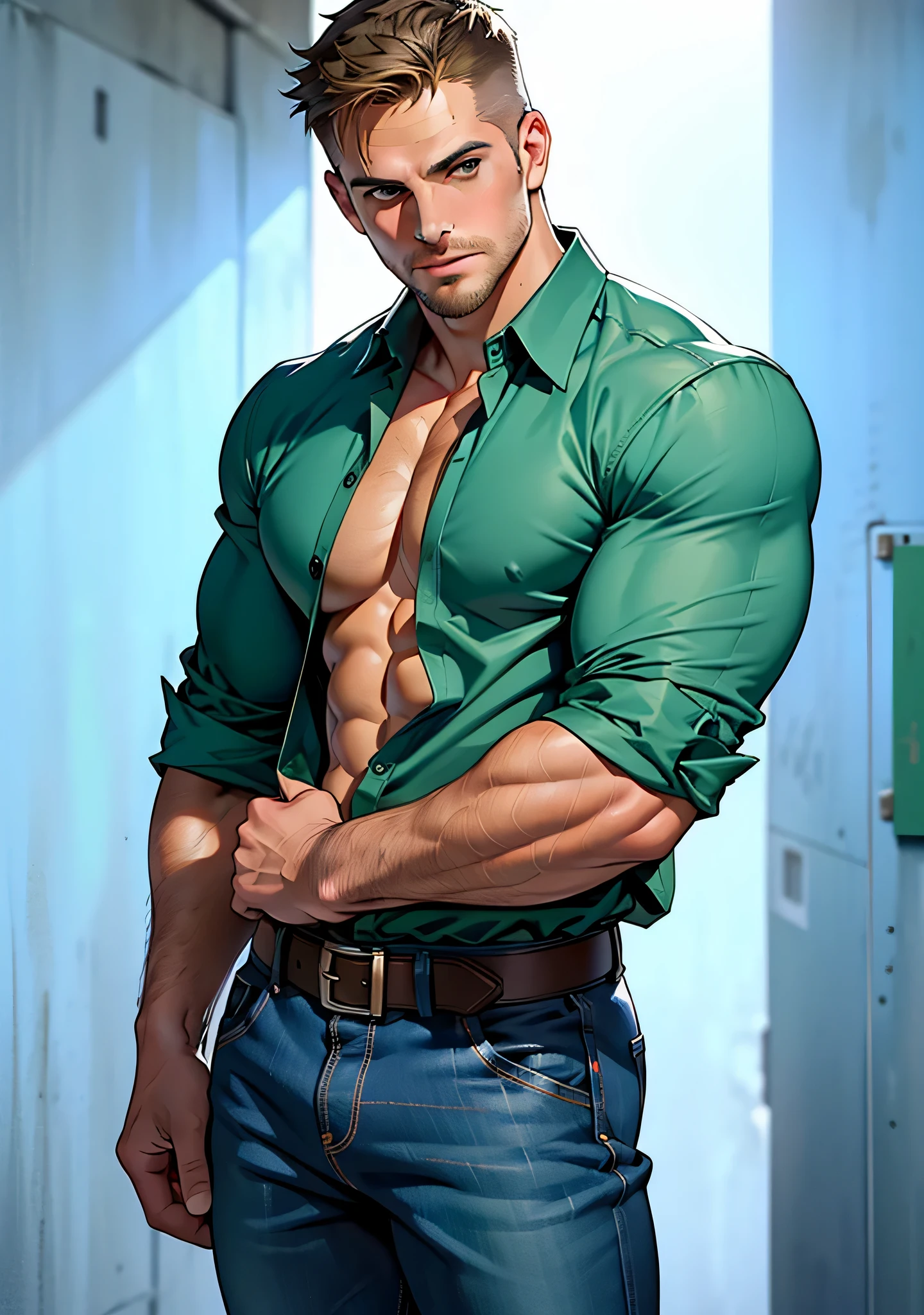 (best quality, masterpiece:1.2), A tall, handsome man in his early 30s with dark hair and piercing green eyes. He is dressed in a casual yet stylish outfit, wearing no shirt and khaki pants, exuding a relaxed charm. slim body, luxury room, professional lighting, photon mapping, radiosity, physically-based rendering,