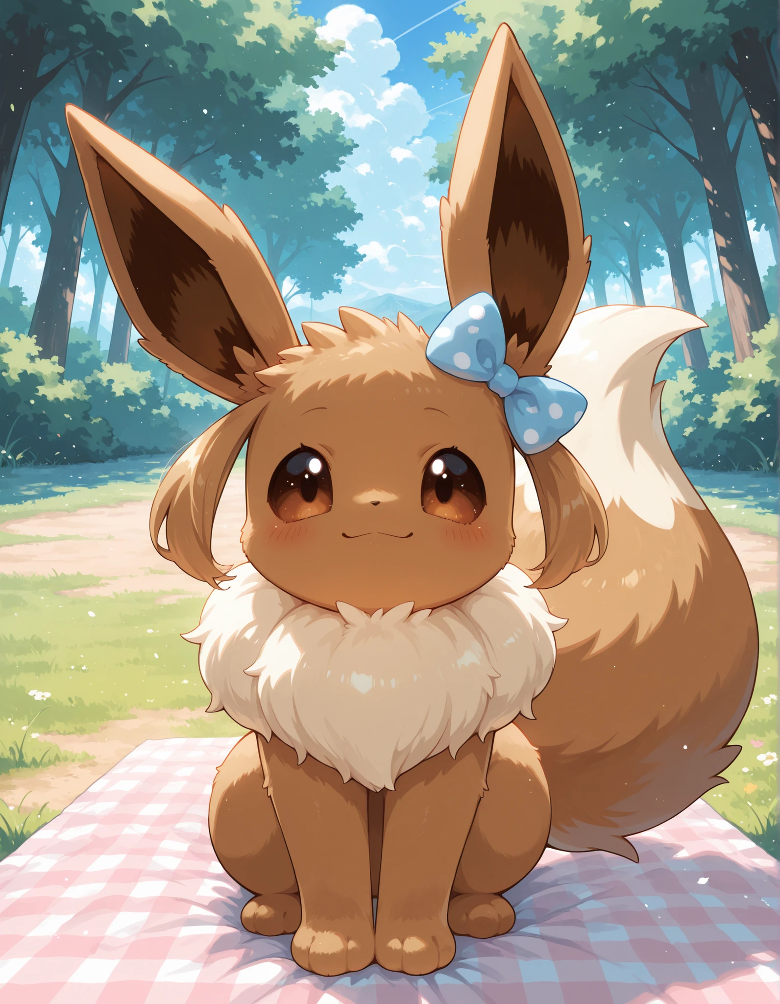 ,, pokekid, eevee, fluffy girl, furry girl, female, smile, smiling, has a big pretty bow in her hair, has animal paws for hands, 1girl, best quality, outdoors, high definition, cute,