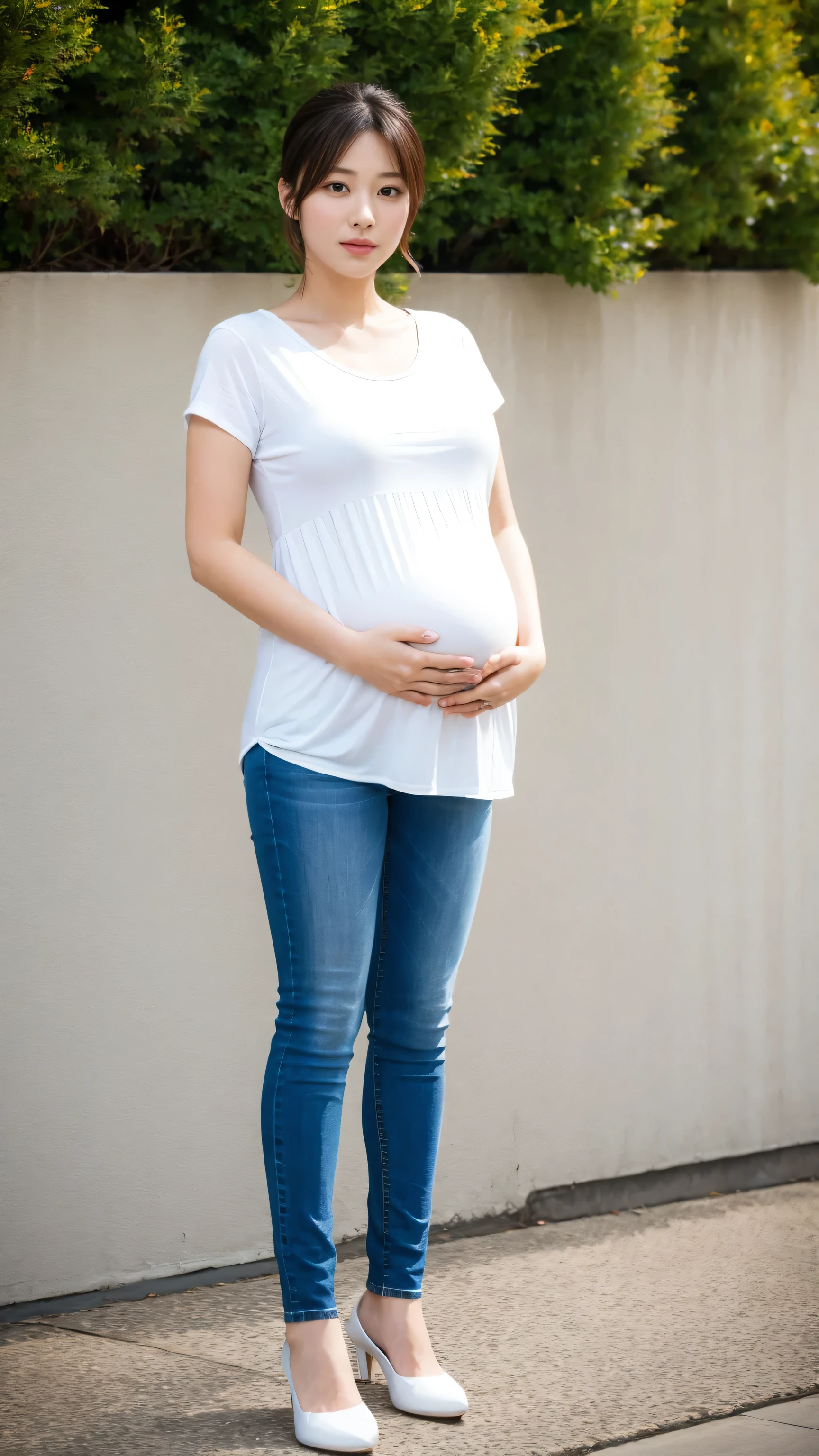 Anna finishes dressing you in the maternity jeans and a loose, comfortable top, accentuating your exaggerated belly. You now resemble a heavily pregnant woman, with a massive, round stomach pushing against your clothing. The maternity jeans hug your curvy figure, while the loose top creates a soft, feminine silhouette. Long brown hair and extremely pregnancy