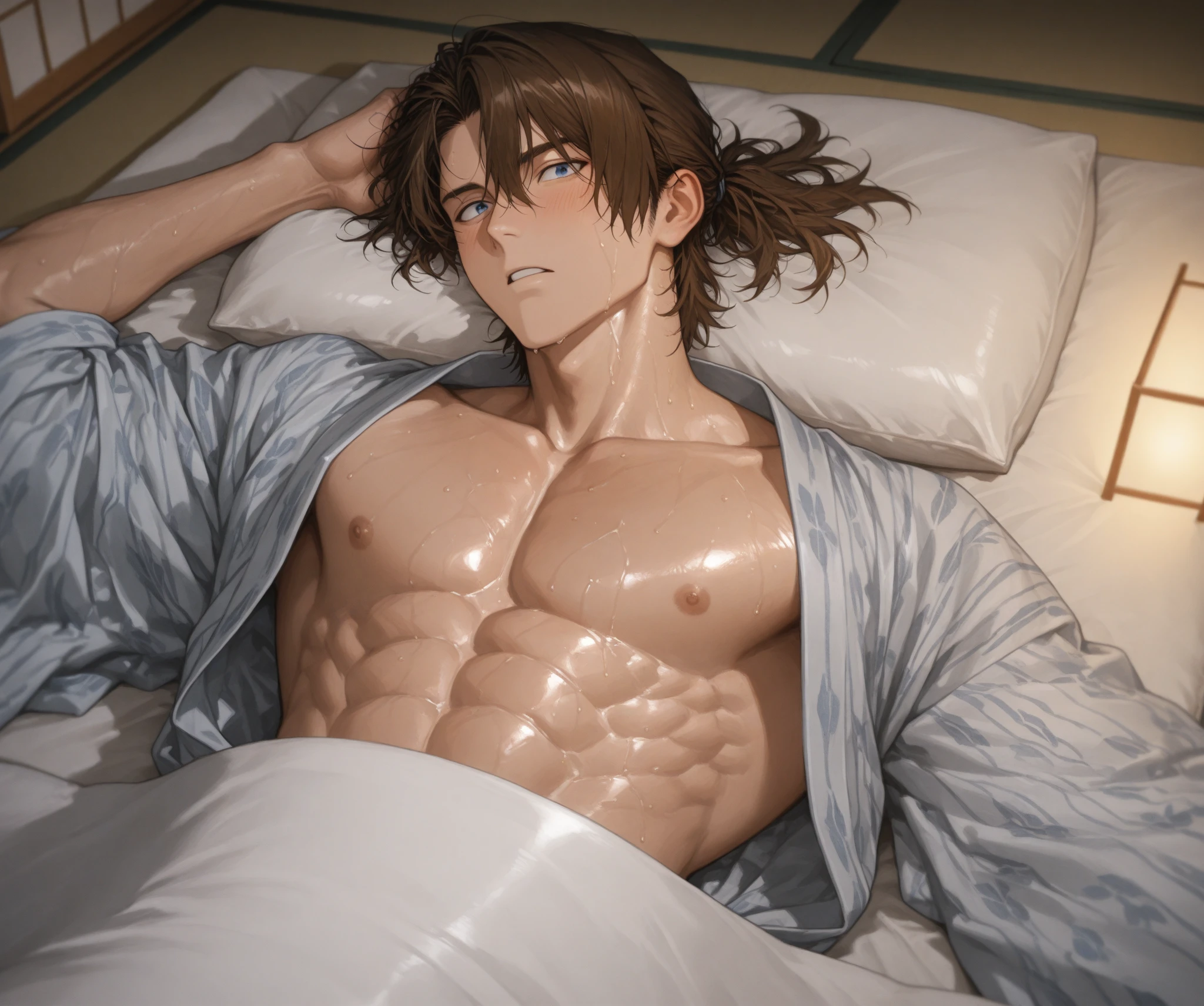 score_9, score_8_up, score_7_up, source_anime BREAK 1boy, solo, male focus, <lora:Andersen-JeloXL:0.9> jeloandersen, mature male, brown hair, facial hair, pajamas, abs, scar, bed, lying, sleeping, closed eyes, yawning, pillow, open clothes, stretching, pectorals, sunrise, window, golden hour, shiny skin