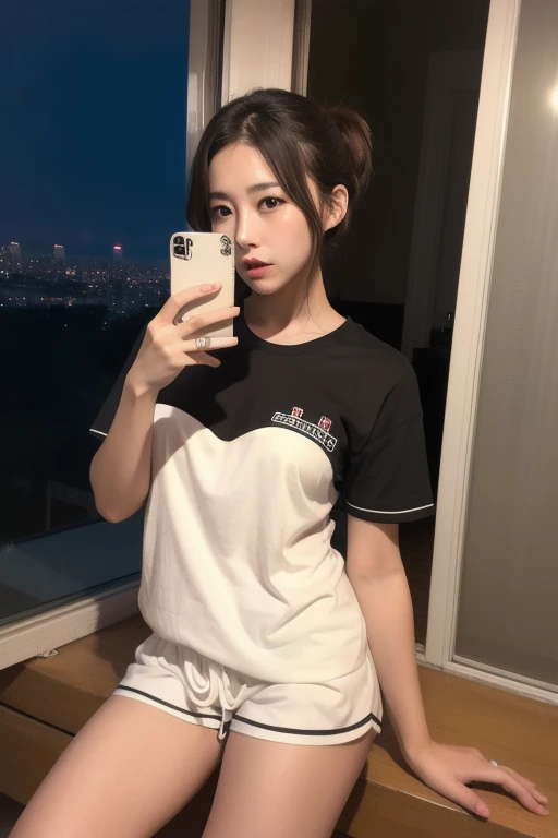 Very cute face、smile、13歳girl、Fluffy long hair、Beautiful legs、Beautiful body、Thin legs、White skin、Black T-shirt、Black mini skirt、白いパンティ少し見えている、sea
