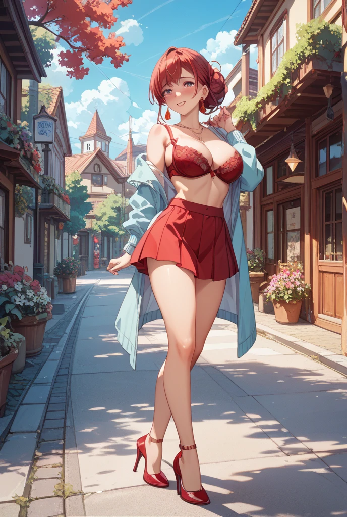 (Masterpiece, Best Quality, High Quality),Nishikino maki, Red hair, purple eyes, (from side),moist skin,volumetric lighting, illustration, beautiful, a bow,upper body, (camisole :1.1), big breasts, cleavage, floral print, looking at viewer,big breasts ,confident, seductive smile, (arms behind back, head tilt:1.1),hand on hip,heart pendant, perfect lighting, perfect shadows, flower, (breathtaking scenery:1.1), tree, blushing, outdoors