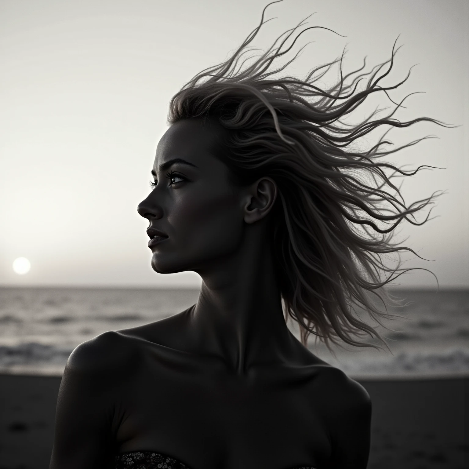close up of a naked young belgian woman, in an erotic pose , hairy pubis with intimate hairstyle, Background - ocean waves with foam, Storm clouds, lightning