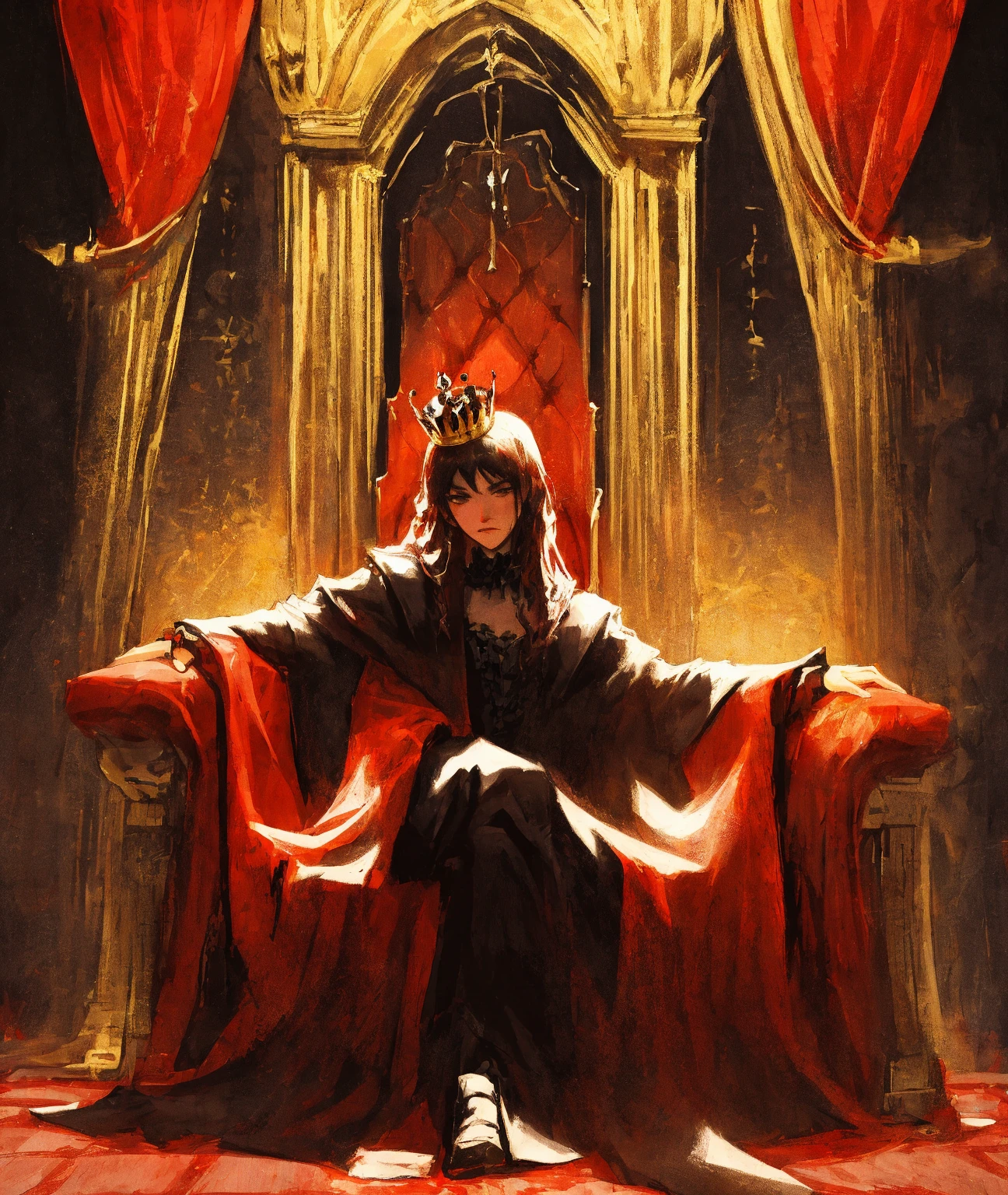 full body shot, a seductive queen in heavy_armor,(glowing red eyes:1.3), Crown, luxury, jewerly,necklace, many rings, squatting, (extremely long hair:1.4), perfect body, delicate hands,arrogant, in palace,surrounded by many little people , bright, (sharp focus, eyes focus, best quality, realistic detail,clear image,high resolution:1.2)