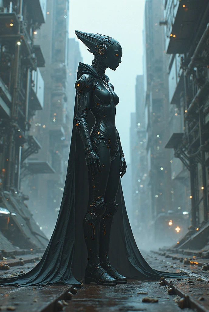 Caricature of Midwest Gothic aesthetics, Pastel Goth aesthetics, a portrait of a stunning Central African woman with a shaved head and a cybernetic eye, confidently posing in a dark alleyway, bathed in neon lights from a nearby club, vibrant colors, stunning background. warm and bright sunlight, a mesmerizing blend of light and shadow. masterpiece, absurdres, intricate details, exaggerated, comical, caricature