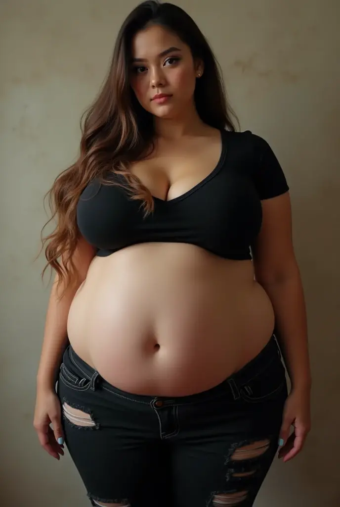pregnant woman in black top and black pants reaching out, large round belly, thick and round belly, chubby woman, chubby belly, big belly, folds of abdominal flap, chubby, large belly, curvy woman, pregnant belly, portrait of a chubby woman, a chubby