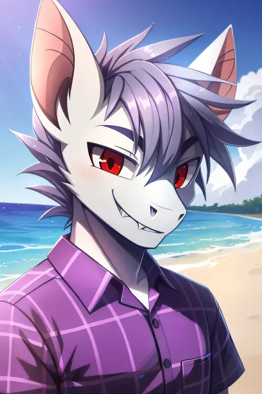Male, anthropomorphic, shark, fluffy hair, purple eyes, beach setting, sinister look
