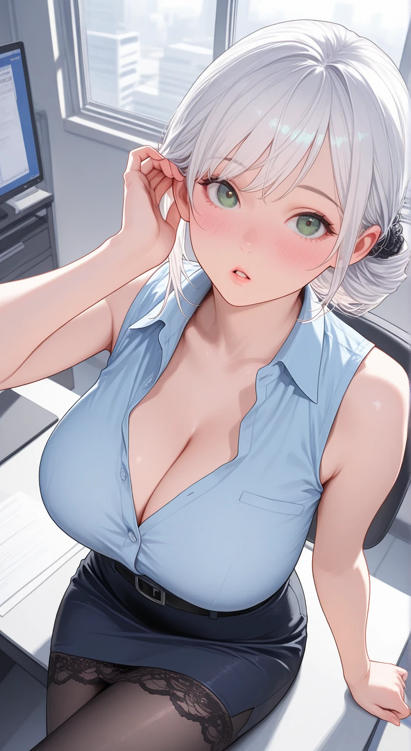 ((Highest quality)), ((masterpiece)), (detailed), One person,25 years old,(Black shirt),(mini skirt),Office Lady,Shoulder Bare,Big Breasts,blush,Underboob,(I can see her cleavage),(Excited expression),(Seduce),night,indoor,Dim lighting,(In a dimly lit room),(In a messy room),Browsing Caution,sexy,Dirty,Sweat