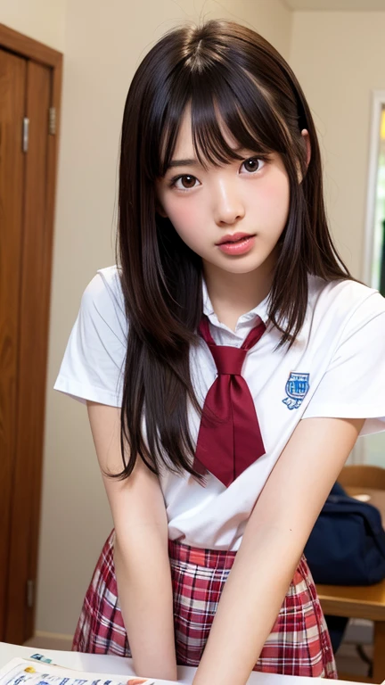 Highest quality, masterpiece, 1 girl, 14~18-year-old, Beautiful Face, Realistic, High resolution,School, Student Uniform,sexy,　Lying down