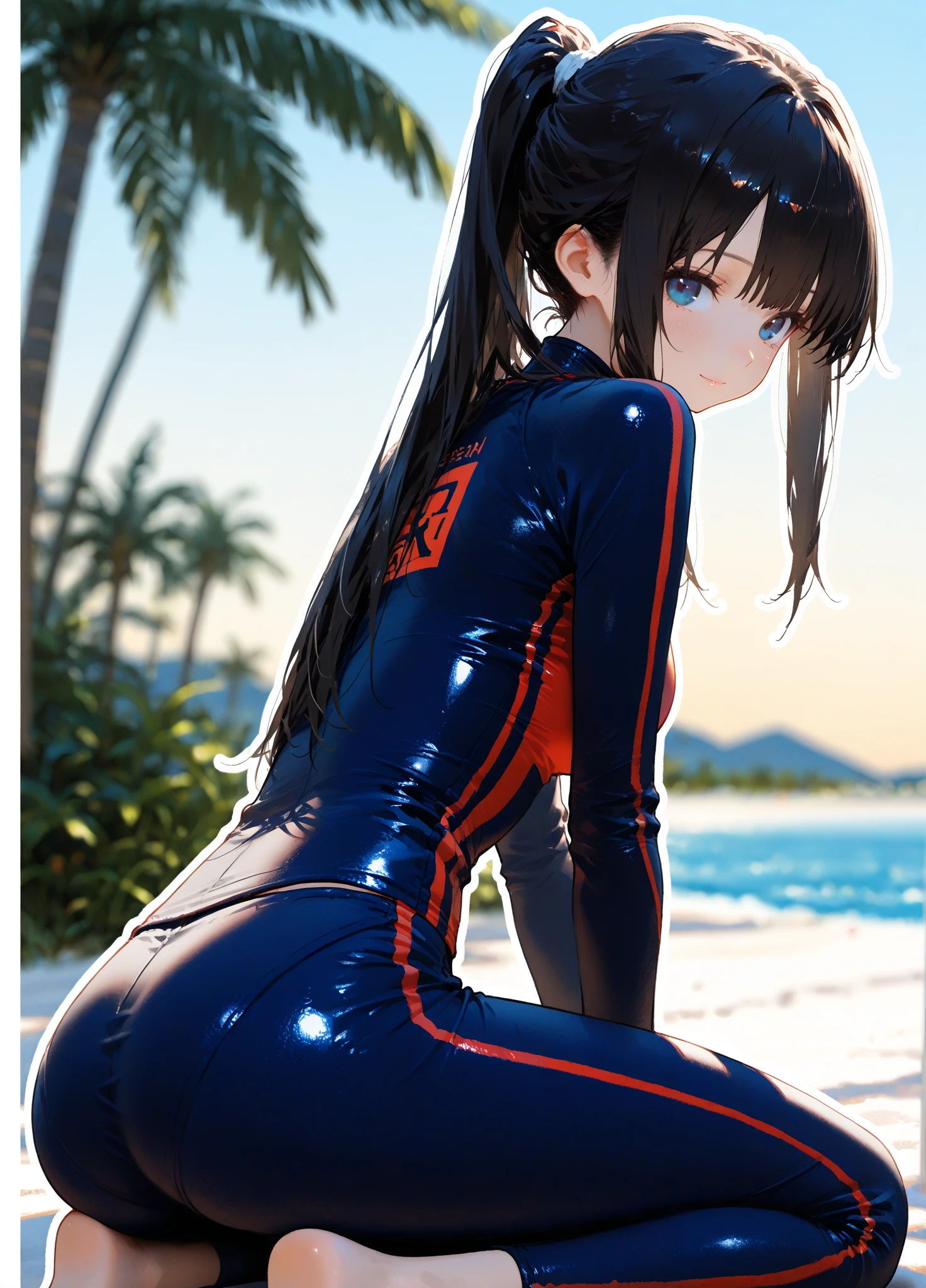 (masterpiece, best quality). black hair, hairband, , plugsuit bodysuit. cute pose, shy, smile, from behind, looking at viewer, at panoramic background scenery of sea coast with lighthouse. yuri cutie, by tony taka, ultrarealistic, medium breasts, black theme. 1girl, solo, accurate shading, 40mm ultradetailed skin pores, shiny skin, hentai body, sidelighting, film grain, subsurface scattering translucency, cinematic filmic cg vfx bloom postproduction, beautifully realistic raytracing rtx photorealistic render with high realism