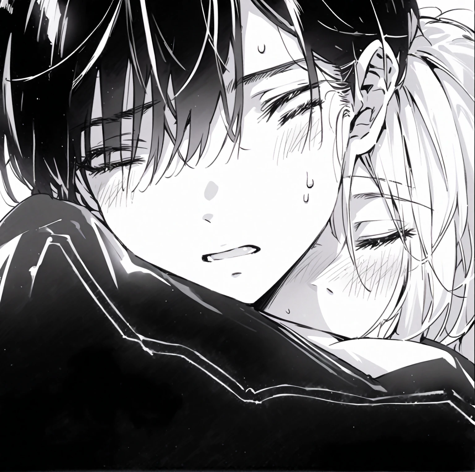 anime, sketch, a man and a woman asleep on each other's shoulders, anime style, a bald man, a woman with long white hair and dark skin