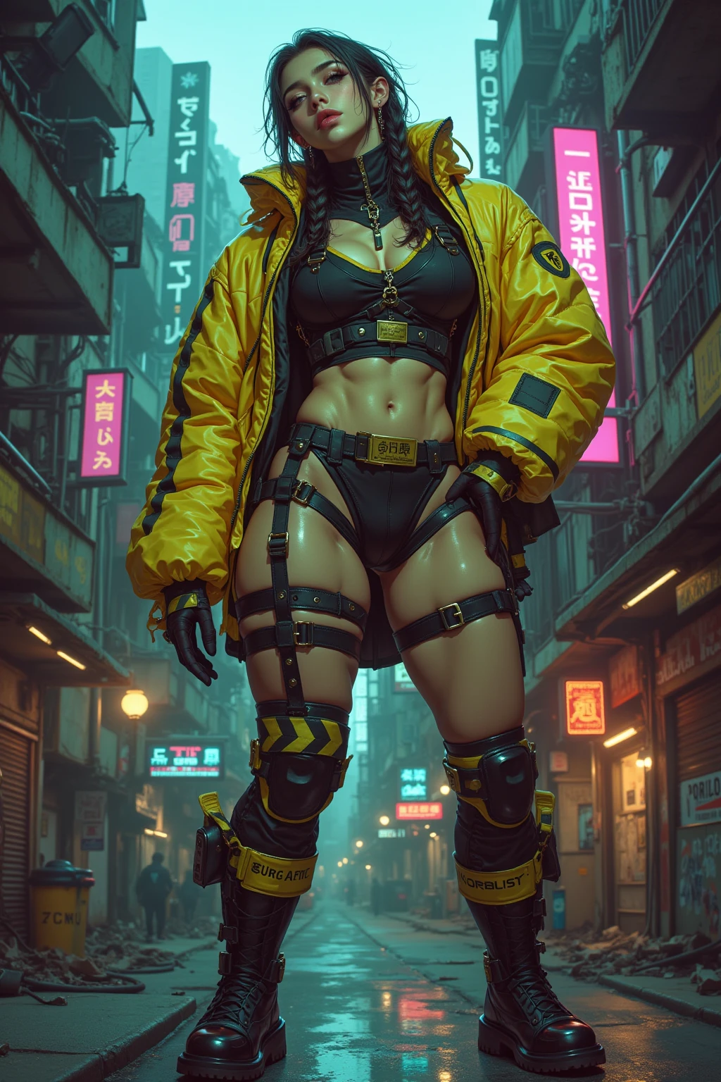Lucy's Cyberpunk edge runners like, Erectile Beauty, seios grandes, corpo inteiro, poses dinamicas, fundo amarelo, poster cyberpunk, Technological weapon, papel de parede 8k, melhor qualidade, tranding tops pintreste.
