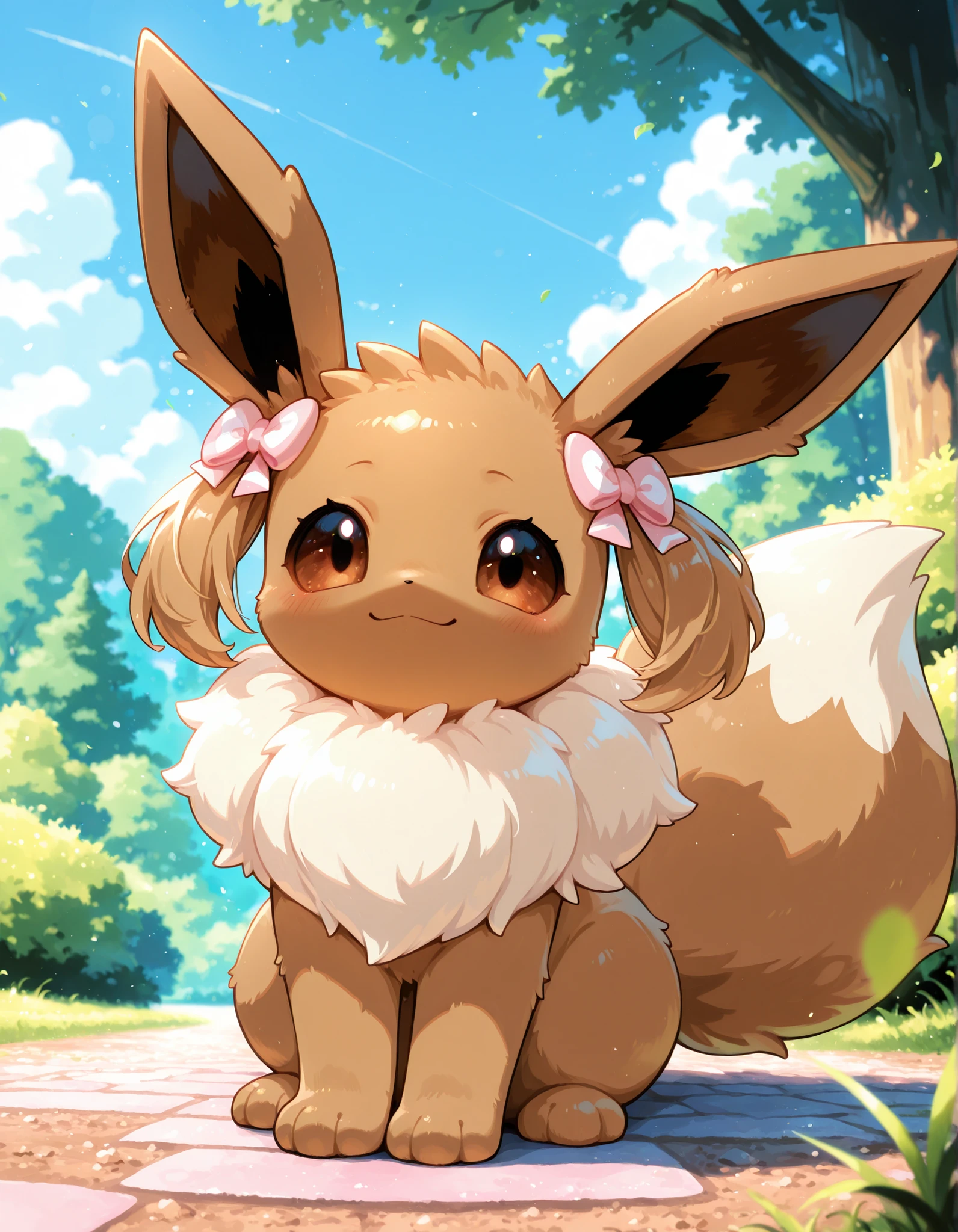 ,, pokekid, eevee, fluffy girl, furry girl, female, smile, smiling, has a big pretty bow in her hair, has animal paws for hands, 1girl, best quality, outdoors, high definition, cute,