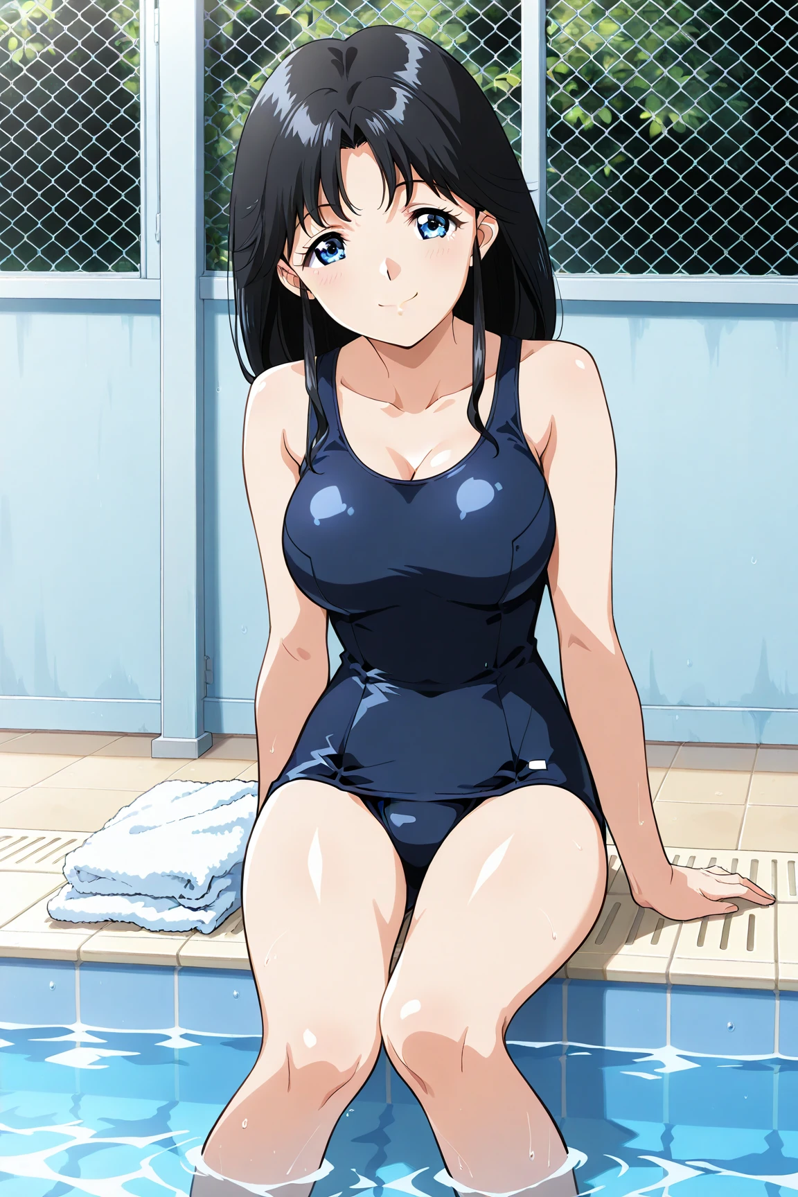 (Anime, Anime Art Style:1.2) Yuyushiki, Young Girl, 13 years old, Wet with sweat, Smiling, Swimsuit, Seaside, Sun, (Looking away:1.5),Blue sky,Various movements,Various angles