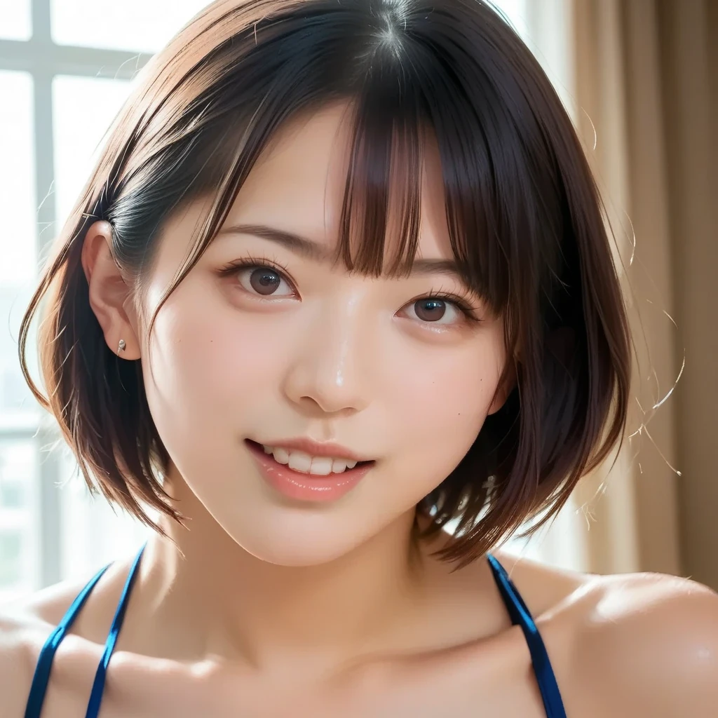 School swimsuit, 18 year old girl, (too big breasts: 1.5), drooping breasts, whiplash, well developed, Japan person, short cut,