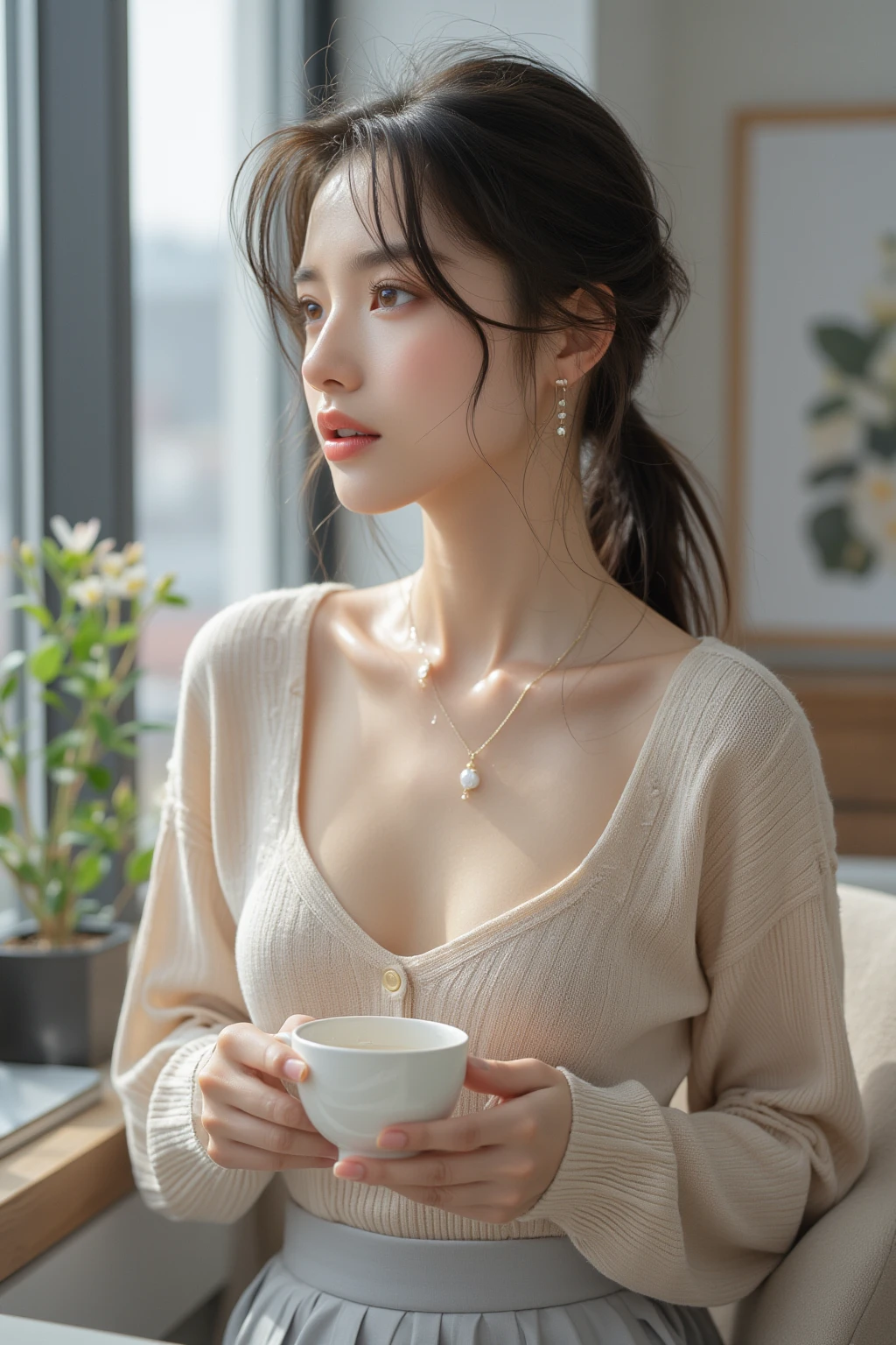 best quality, masterpiece, ultra high resolution, (realistic:1.4), RAW photos, 1 woman, open shoulder shirt, good body proportions, sitting in a cafe, natural, The face is small compared to the body, natural