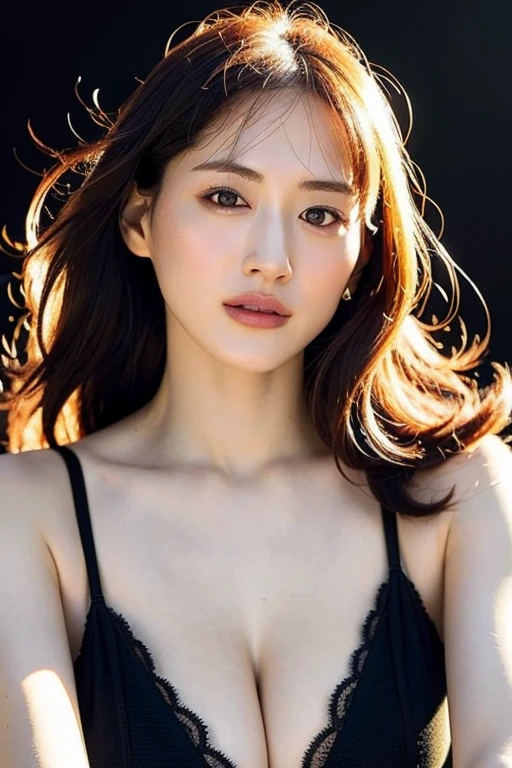 masutepiece, Best Quality, Photorealsitic, finely detail, hight resolution, 8K Wallpapers, Perfect dynamic composition, foco nítido, A hyper-realistic, Beautiful detailed eyes, midiam　hair, large full breasts, Random and sexy poses, Bring your chest together, wide open cleavage:1.4, High-cut panties), ((Breast bulge:1.2,(Emphasizes cleavage, A dress that makes your chest look beautiful.:1.3)), A smile, open open mouth, simple background, 25-years old, Adult beauty, japanes, Simple Chain Necklace, large earring, Shooting from front, bustup, doress, Brown hair