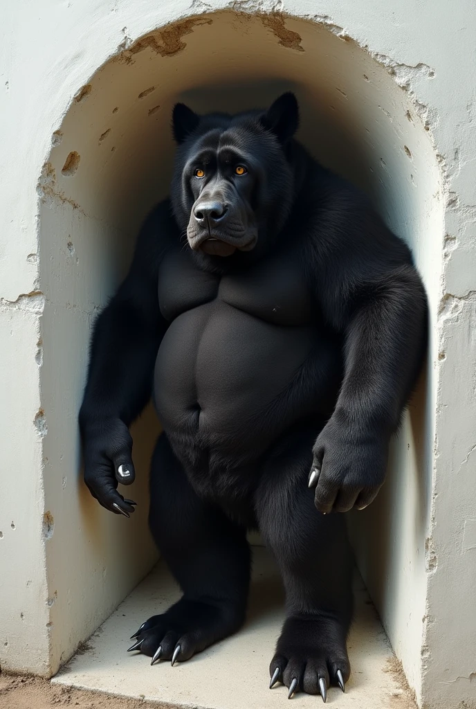 Middle-age Male wolf, tall, giant body, handsome, dad bod, beefy, strong arms and legs, wide shoulders, a bit chubby muscle gut, a bit of fat but still very muscular, black fur, extremely hair, (a lot of body hair), short hair, short beard, wearing a simple white underwear, (oversized huge bulge), barefoot, living room