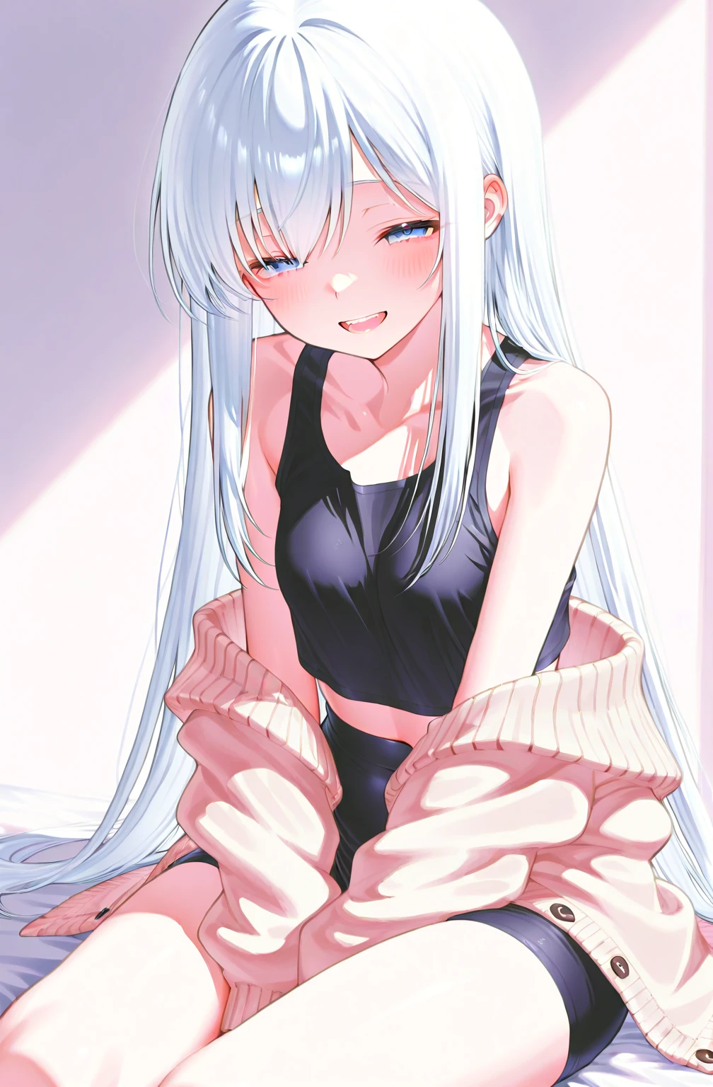(masterpiece:1.4、top-quality、illustration:,realistic、)、(character focus、,full body:1.3)、(1girl),(light smile:1.3),(),cute face,blue eyes、(tareme:1.3)、((sitting legs up:1.5),
(),(sitting,lean against the wall:1.4),、
(white hair),(long hair:1.5)、
,(her room:1.3),（Room wear:1.5),
(blunt bangs),(sidelocks:1.3), (small breasts:1.2)、
、slender、