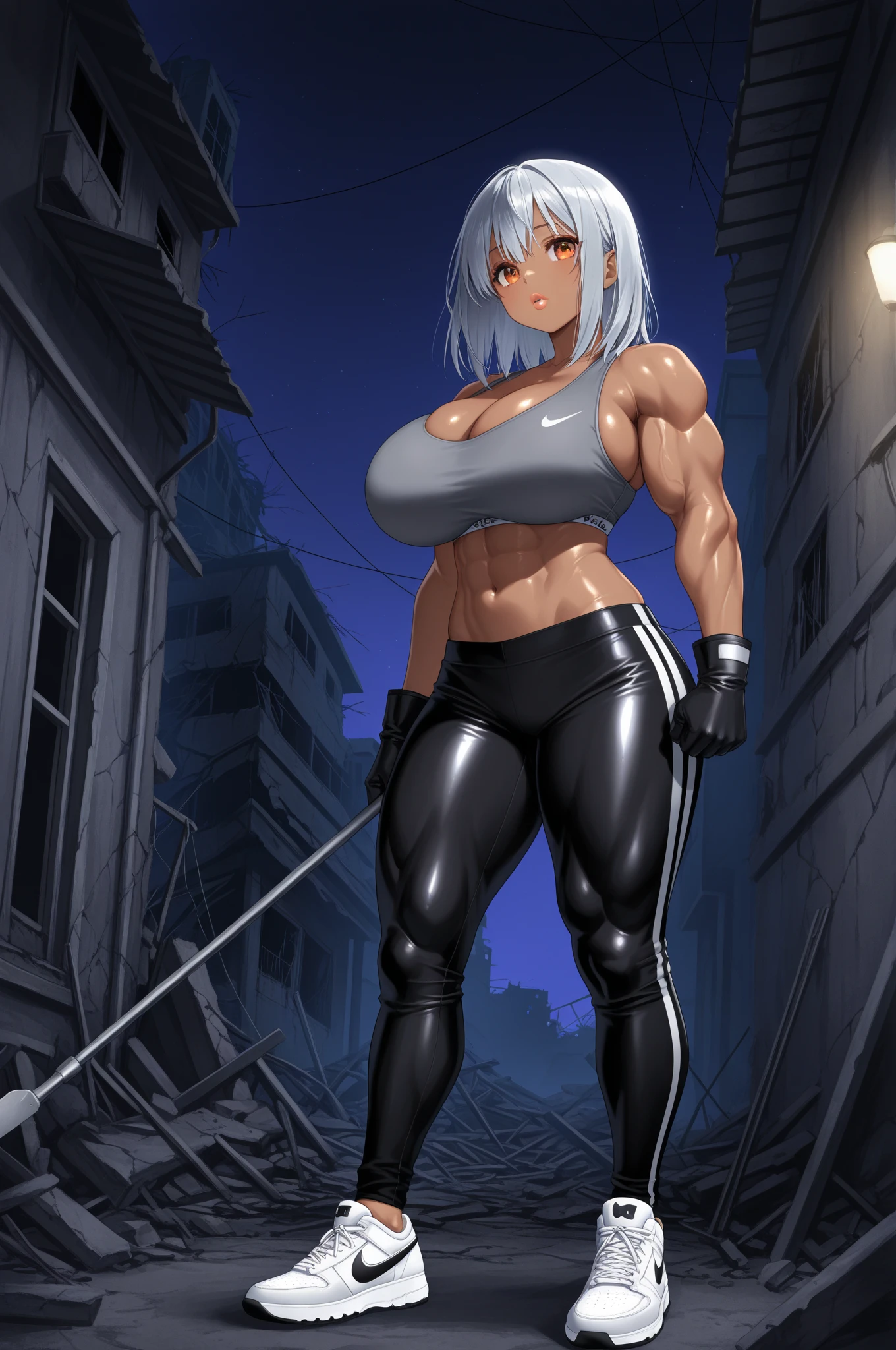Emphasize the crotch,draw the crotch,POV from below,blush,Drawing the whole body of a beautiful woman,extraordinary beauty,Beautiful woman with big breasts,doing squats,detailed abs,concrete wall on background,underground,detailed crotch,Underwear that dug into the crotch, hair, Sweat,dynamic pose,big breasts,Beautiful woman,toned body,Sweating, high quality, beautiful crotch,Sweat profusely,white skin,black leather gloves,concrete floor,Silver Dish,