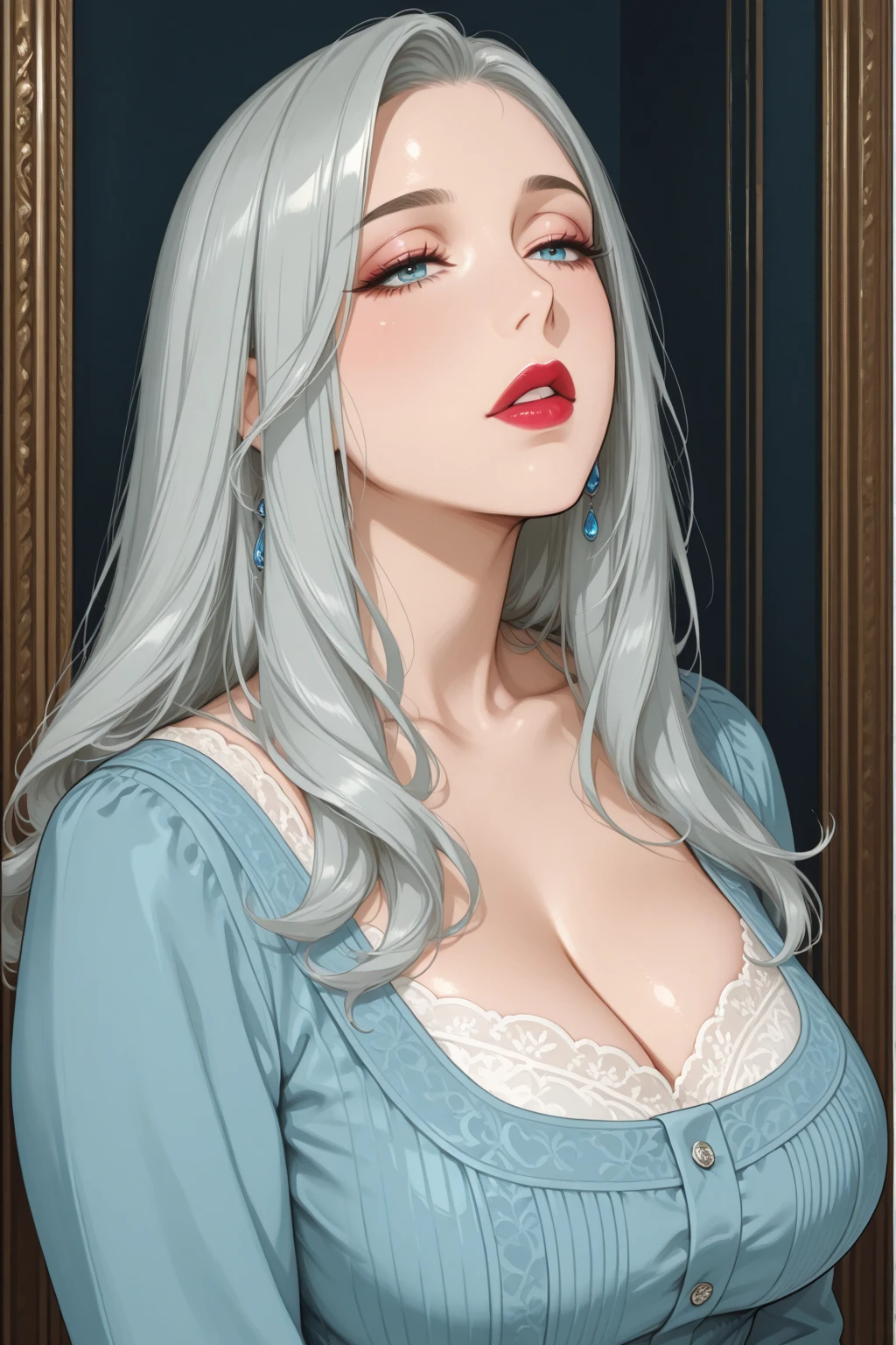 pale skin, silver eyes, a gorgeous woman, mature woman, perfect skin, long hair, curly hair, silver hair, curly, perfect hourglass figure, (curvy body), ((makeup)) large breasts:1.2, (Compressed chest:1.3), (tempting body), create an image of a fantasy character wearing a white fantasy maxi dress that outlined her seductive body, makeup, lipstick, necklace, character in the middle, standing