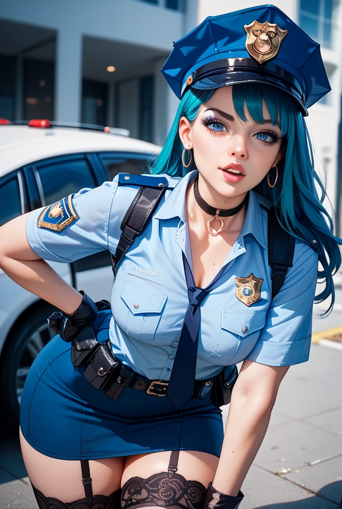 Woman, Reality, (Berets) (Headphones) (High Fork Tights Police Uniform, Police Logo) (Pantyhose Fishnet Socks), (Lips slightly open, light smile), (Shiny skin: 1.1), Blush, (Looking at the viewer), (Full Body), Masterpiece, Highest Quality, High Resolution, Absurd, Realistic