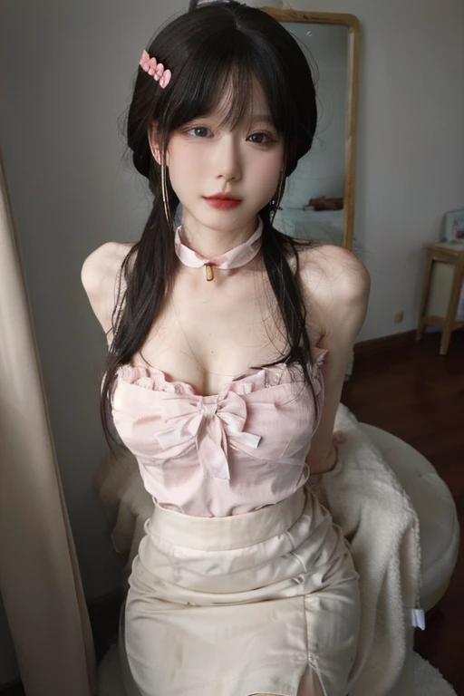 1girl, best quality, realistic, solo, depth of field, natural lighting, seductive posture, alluring, beautiful face, clean, pure face, pale skin, cute, brown eyes, lace, twintails, beach, sunshine, jewelry