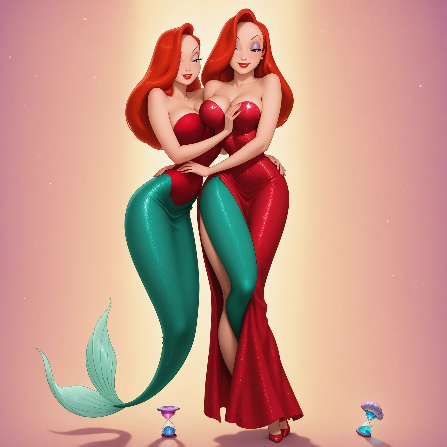 ar_el, 2girls, clones, duo, fair skin, red lips, red hair, large aqua-blue eyes, having fun, huge butt, legs, white bra, thicc thighs, butt bumping, side view