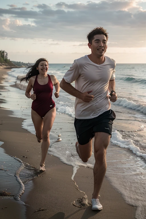 Casal correndo para o mar