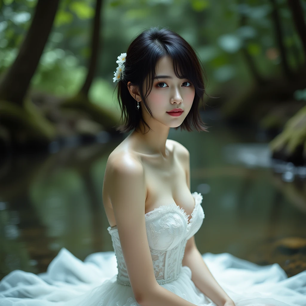 Alafed Asian woman in white sheer dress standing in creek, sakimichan, Realistic Young Gravure Idol, 奈良美智, ethereal beauty, Beautiful maiden, hanekawa tsubasa, shikamimi, goddess of Japan, official artwork, sakimichan hdri, Young Pretty Gravure Idol, Young Sensual Gravure Idol