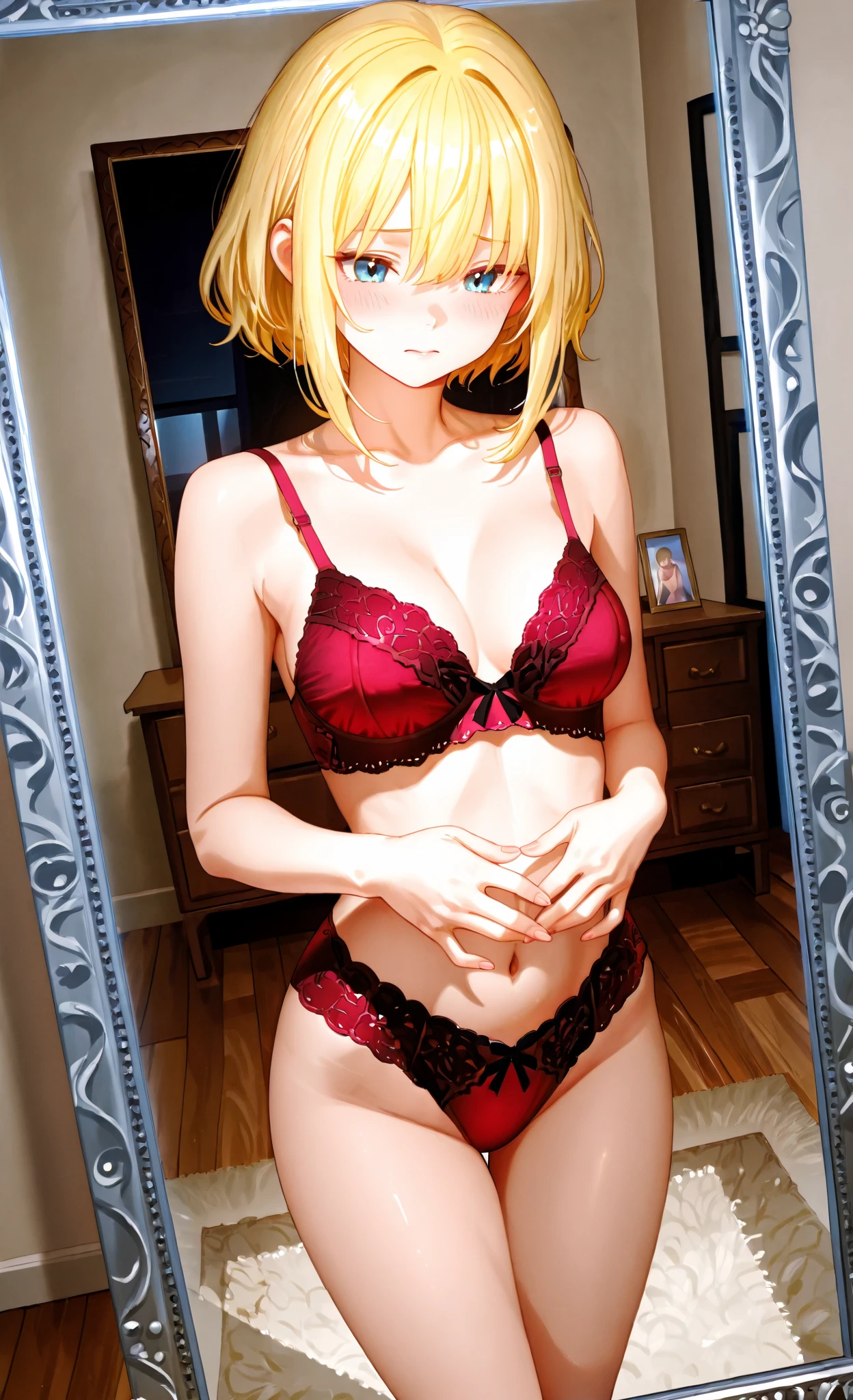 (8K、Highest image quality、highest quality、masterpiece)、detailed face、1 girl、blonde、short hair、twintails、wavy hair、red eyes、evil smile、blush、Steam、Moderate chest、((red lace bra))、((red lace panties))、Put your hands on your hips、cowboy shot、Take from below、classroom background