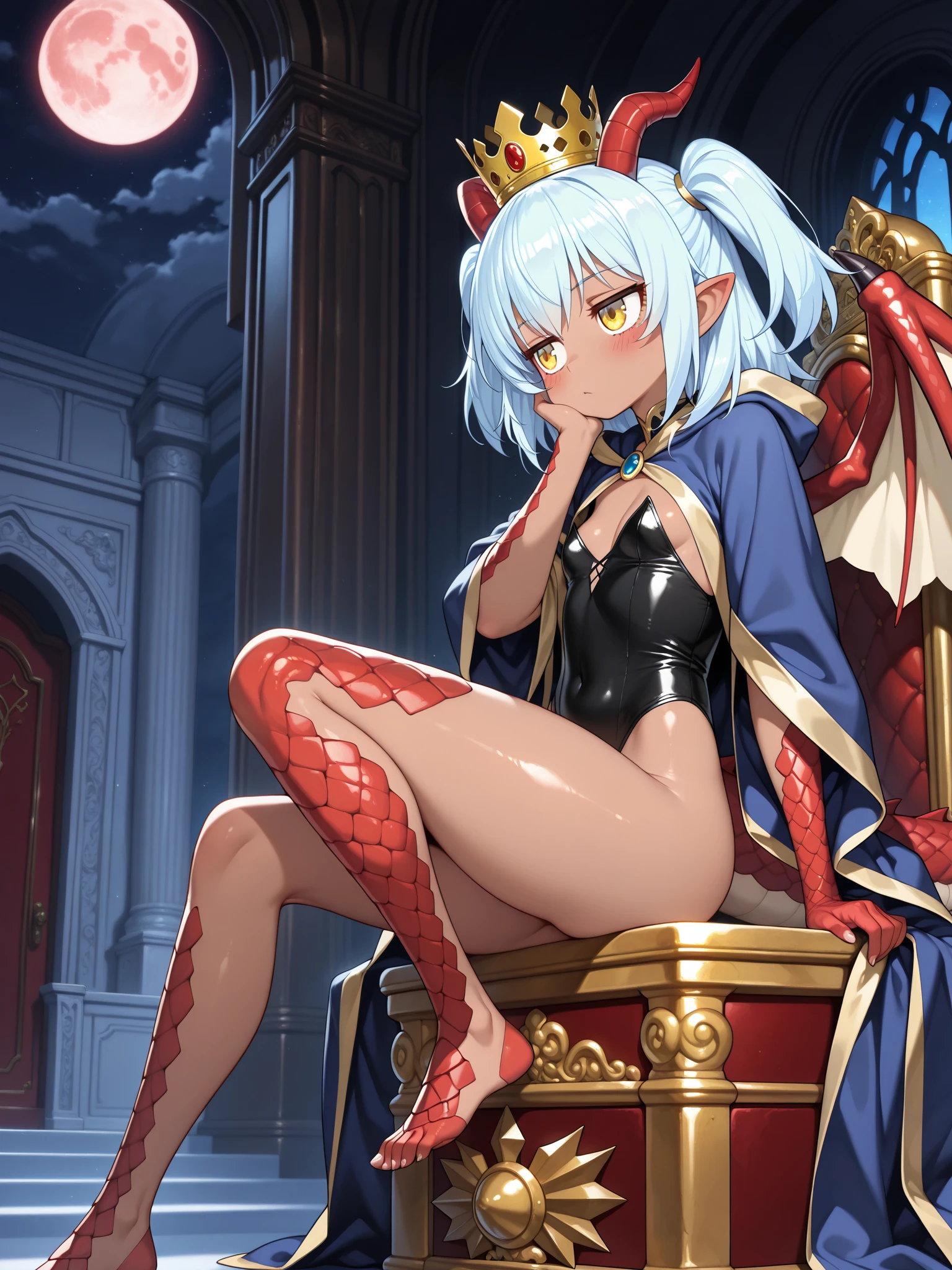 ((1girl, solo ,alone, megumin, Ponytail, yellow eyes, white hair, ((short woman, small breasts)), painted nails, gold bracelets, ruby earrings)), ((solo, 1woman, pink lipstick, Extremely detailed, ambient soft lighting, 4k, perfect eyes, a perfect face, perfect lighting, a 1girl)), austere, ((sitting on a throne, ((legs crossed, high heels, underwater, submerged in the ocean, deep sea, sea creatures, aqua)), sitting on her throne under; water, sea queen, mu yanling, Krenz Cushart and Artgerm, ((fish, coral)), shark, turtle, algae)), ((long dress, elegant violet dress , formal dress, violet dress, bracelets, ruby earrings, gold necklace, diamond, sovereign))