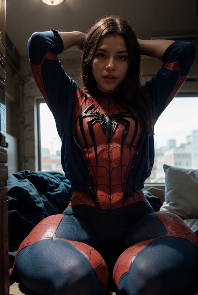 girl, supermodel, (medium breasts), (top), curves, narrow waist, soft lighting, grainy upper body, from above, girl, supermodel, (medium breasts), (top), bangs, curves, narrow waist, soft lighting, grainy upper body, from above, epiCPhoto, (open pussy, pussy, open legs, showing ass) in spiderman costume, spiderman cosplay, spiderman costume with red and black,