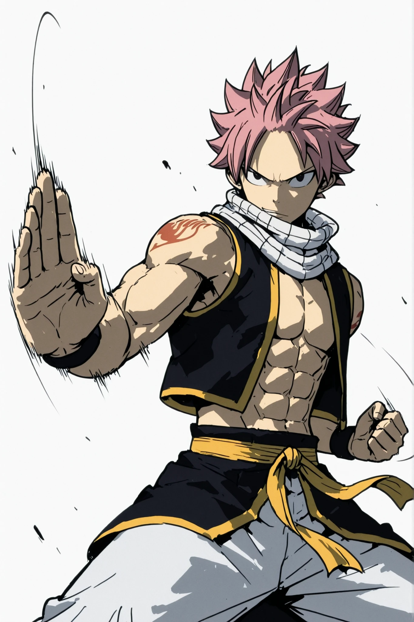 1boy, 20 year old, Natsu Dragneel smiling widely open vest ((white scarf)). In trousers with a bulge, flexing his arms looking at the viewer. Big muscular proportionate arms and strong chest and abs. Pink hair front view, detail detailed skin male skin