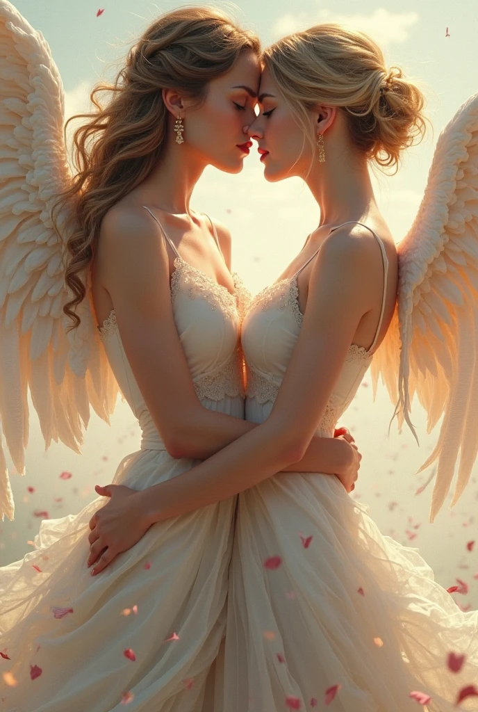 A very beautiful female angel and a very beautiful succubus kissing.