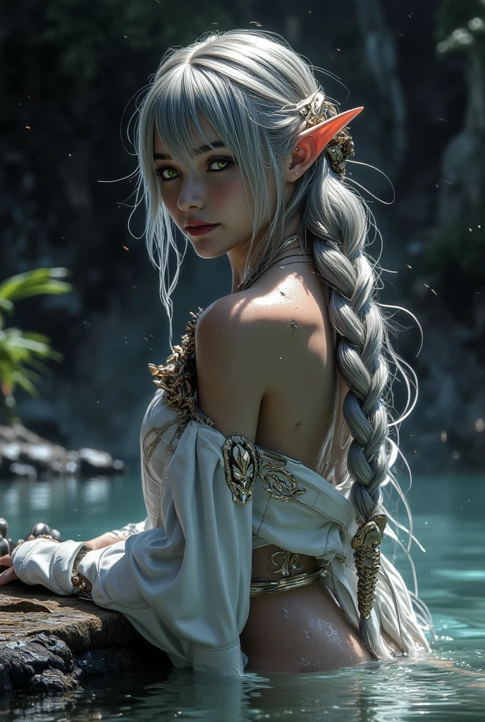 25-year-old female elf, light skin, light hair, turquoise eyes with a slight glow, oval face, very cute and beautiful face, delicate facial features, sensual lips, long straight light hair, dressed in a cross-over drape. Two thin, transparent white silk ribbons starting from the shoulders, descending over the chest, crossing at the waist and secured with a thin ribbon, hanging down to the knees, leaving the sides, hips, and thighs completely bare. Arms and legs are fully exposed, without any additional accessories. Around her neck is a decoration in the shape of a translucent white orchid. She is kneeling on one knee by a stream, collecting water in a small jug. In the background is a forest glade with streams and small lakes in the gardens of an elven sanctuary, featuring elements of elven architecture amid the natural landscape. The camera is from the side, showing Elaria in profile. The contours of her figure and the background are visible on one side.